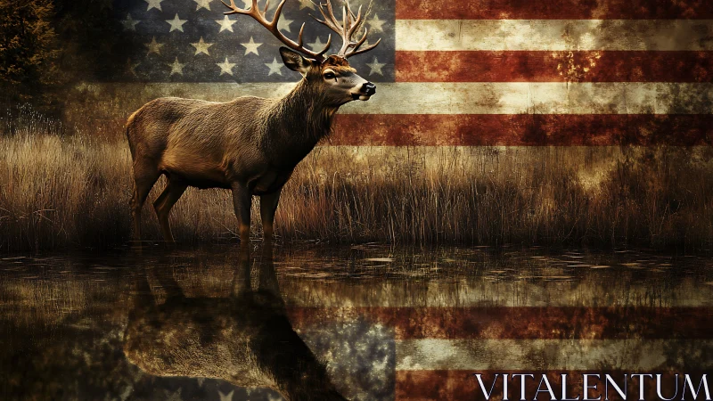 Deer in shallow water before weathered United States flag.
