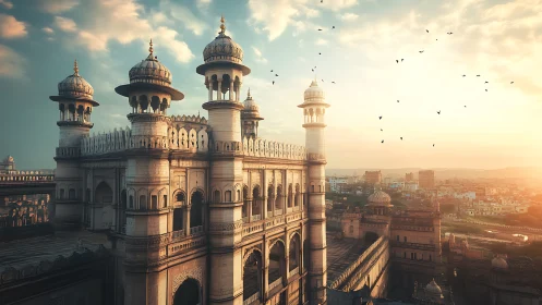 Golden sunrise over a storied palace above the waking city.