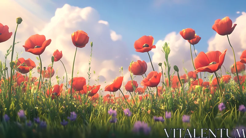 Red Poppies Dancing Against Luminous Sky.