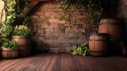 Barrels and ivy quietly rehearse a rustic cellar vignette