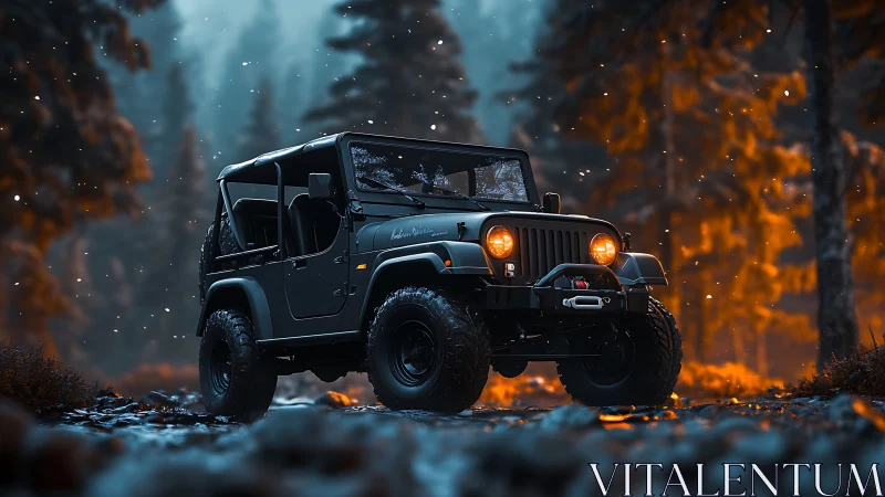 Midnight trailblazer jeep ignites a frosted forest path.