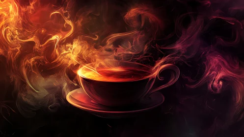 Swirling ember steam rising from luminous digital teacup.