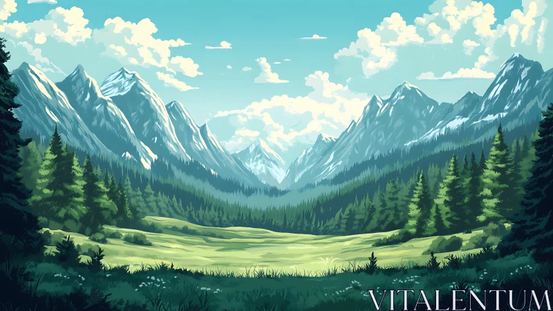 Sunlit alpine meadow beneath towering evergreen ridges.