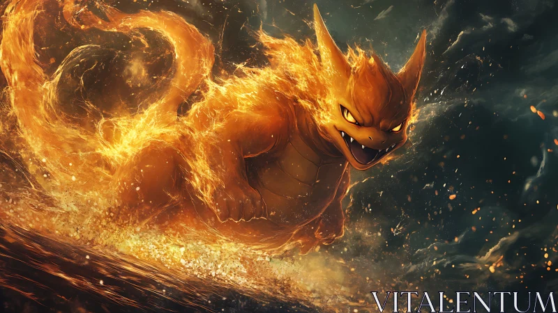 Blazing dragon creature charging through swirling inferno.