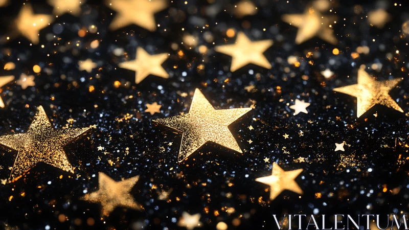 Golden bokeh stars scattered over dark glitter surface
