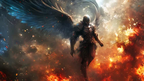 Armored angel strides through fire and stormlit celestial sky