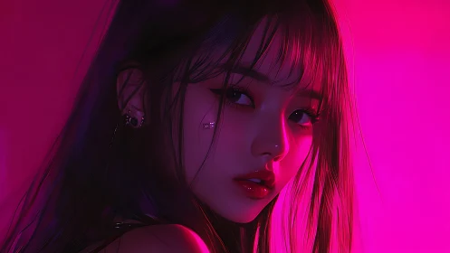 Neon-lit digital portrait of young woman in profile view.