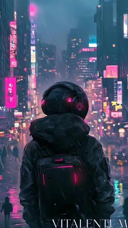 Neon soaked wanderer pauses in a glowing midnight city rain