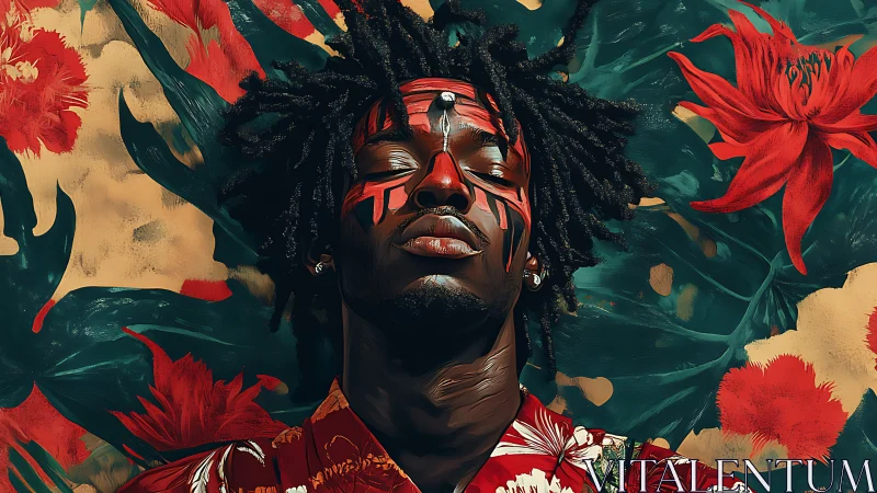 Painted portrait merges tribal spirit with lush florals