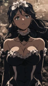 Female anime character in gothic maid dress outdoors.