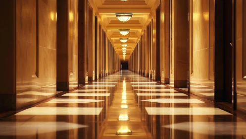 Golden symmetry corridor where light sketches endless time.