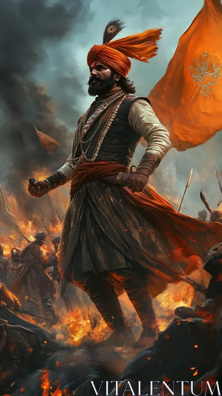 Regal warrior strides through fire with unshaken resolve.