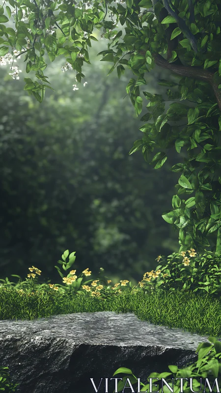 Forest overlook with stone surface and garden blooms.
