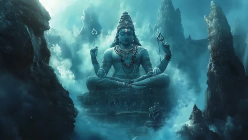 Colossal meditative deity rendered in ethereal teal light