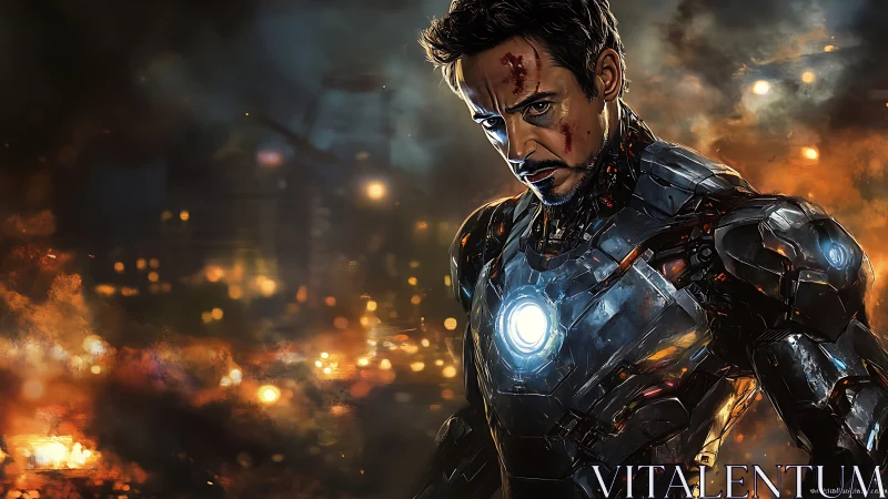 Armored hero stands defiant amid glowing urban ruins.