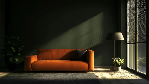 Photorealistic minimalist lounge with orange sofa and light play.