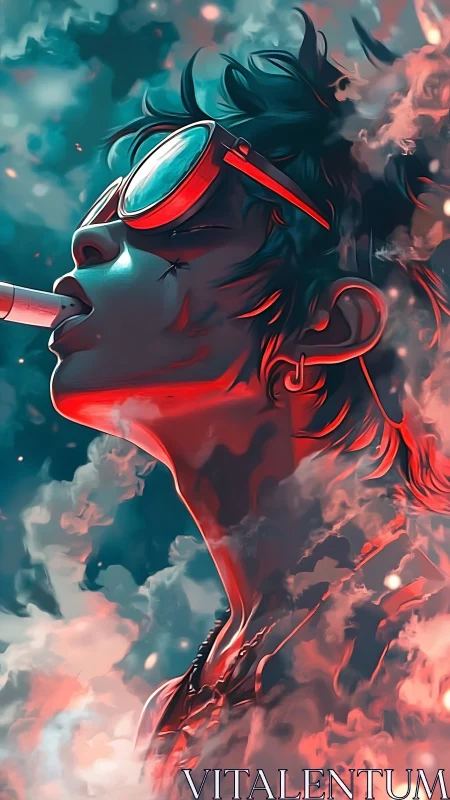 Cyberpunk portrait with smoking figure in neon fog.