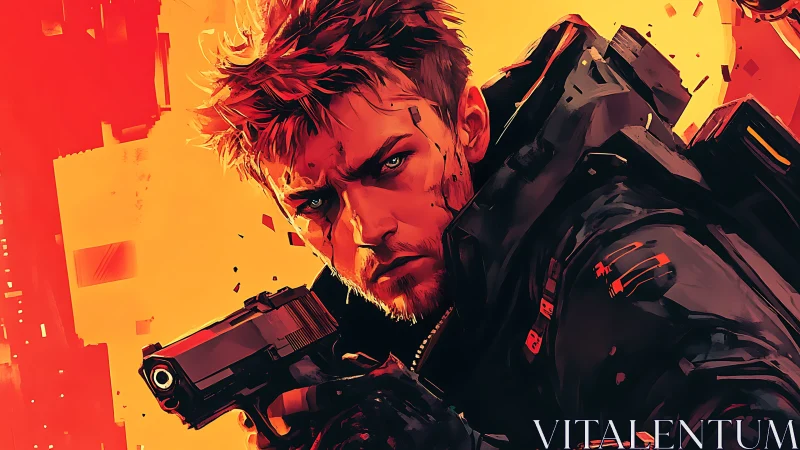 Brooding cyberpunk gunman locks on target in neon blaze