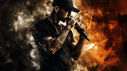 Tattooed rapper grips mic amid explosive fiery smoke