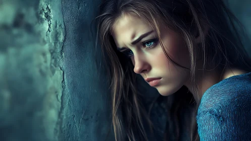 Melancholic young woman leaning on textured teal wall.