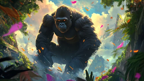 Giant gorilla strides through lush canyon jungle at sunrise