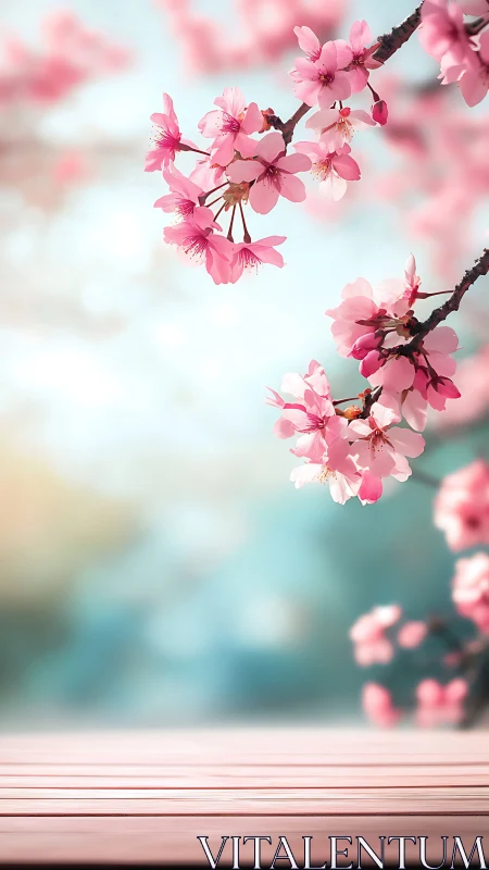 Pink cherry blossoms on branches with blurred background.