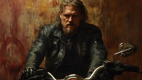 Weathered biker in leather jacket on motorcycle front