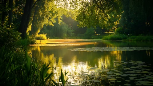 Sunlit forest pond rests quietly under soft golden light