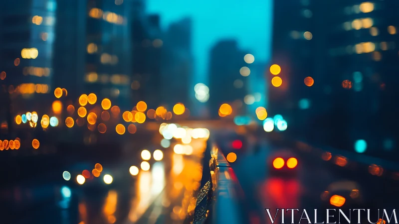 Defocused urban roadway at night with blurred traffic lights.