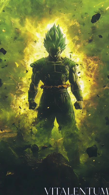 Powerful anime warrior ignites amid explosive green energy