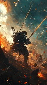 Cinematic warrior silhouette cuts through volumetric fire and debris