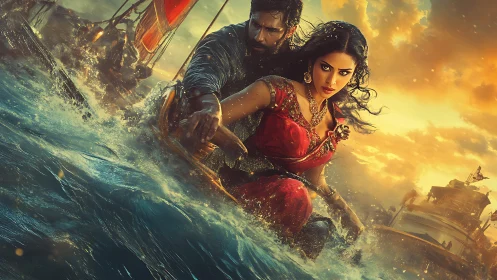 Storm-tossed lovers racing through a blazing golden sea.