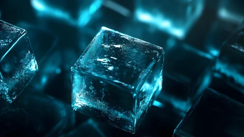 Glowing ice cubes shimmer in cool blue cinematic light