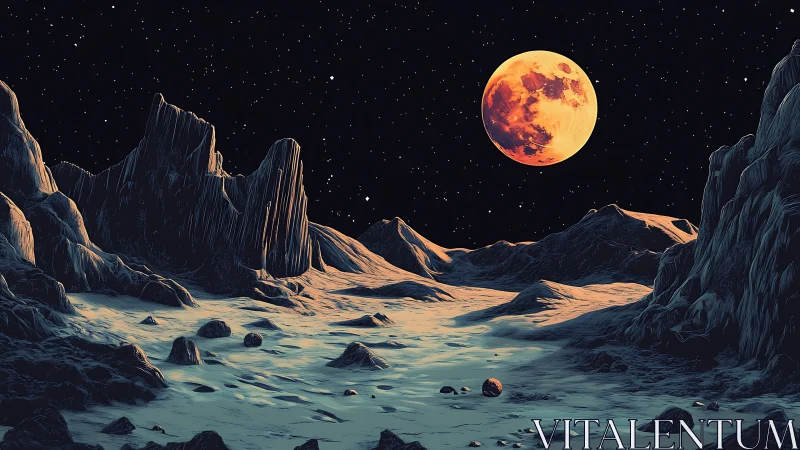 Lunar Badlands Under Blood Moon, Wide Digital Landscape Study.