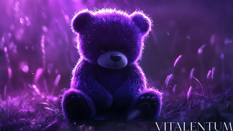 Moody violet teddy bear brooding in twilight meadow hush.