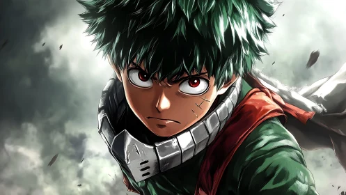 Green haired anime hero in battle ready frontal pose.