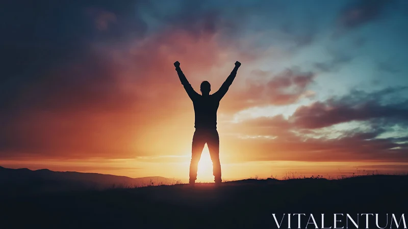 Silhouetted human victory pose against gradient sunset sky.