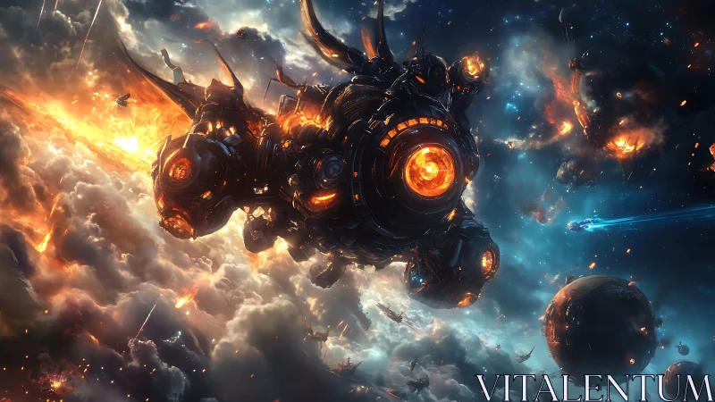 Gigantic molten-core warship breaches nebula in explosive assault