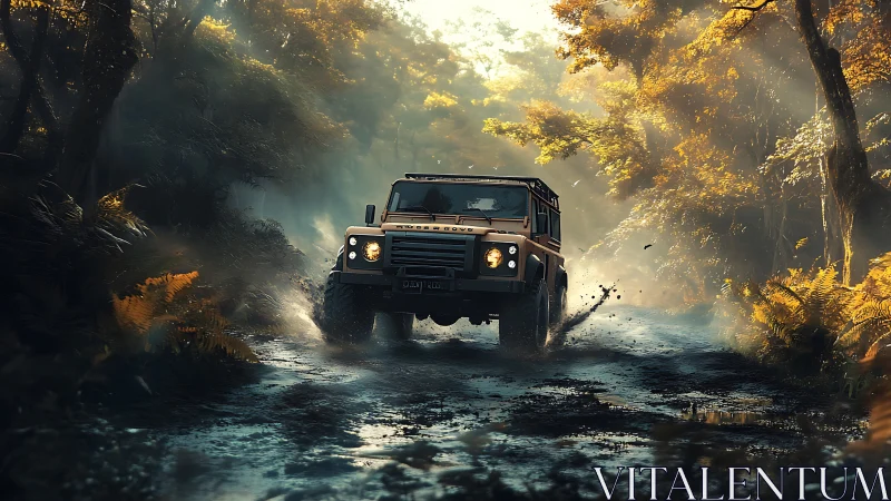 Off road 4x4 truck driving through misty forest trail.