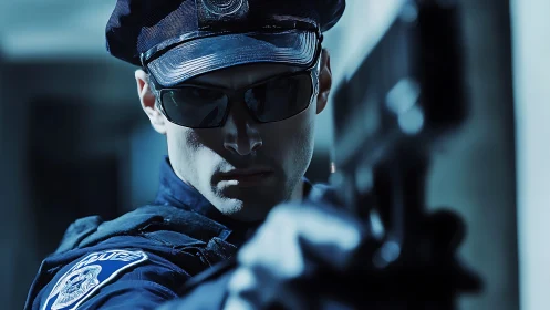 Police officer aims firearm with intense focused stance.