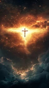 Crucifix silhouette illuminated within radiant cosmic clouds.