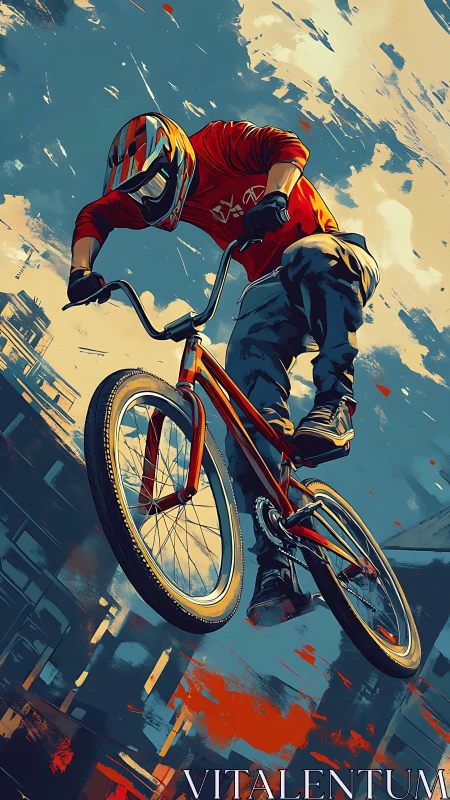 Dynamic urban BMX aerial rendered in kinetic digital painting.