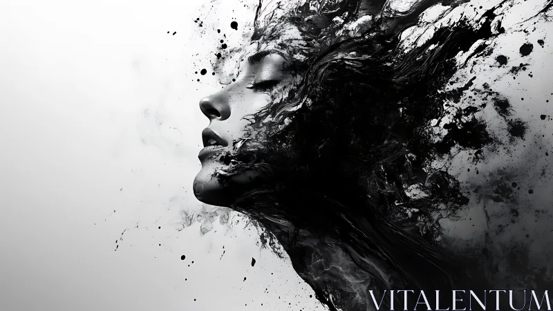 Side profile human face dissolves into abstract black ink