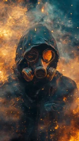 Hooded survivor in glowing firestorm haze stands resilient.