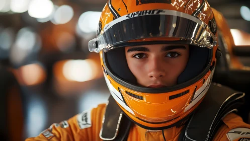 Helmeted racing driver faces camera with shallow depth of field