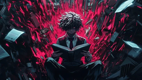 Intense anime reader amid explosive red energy vortex