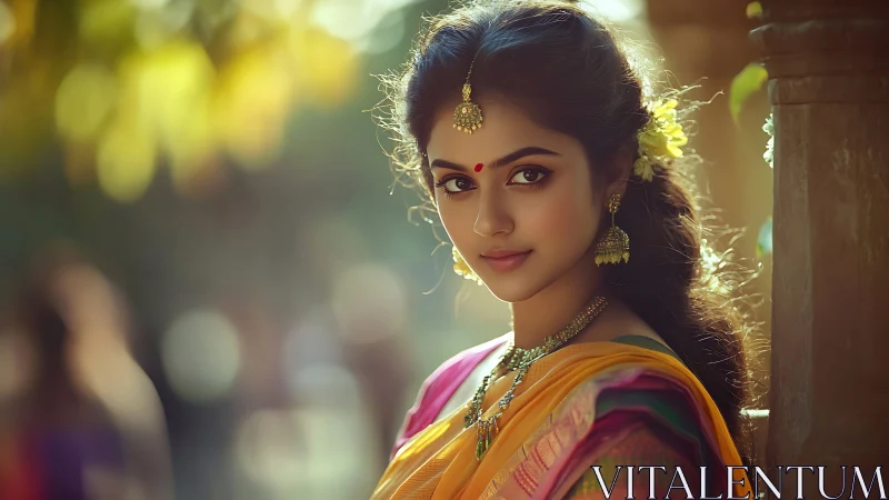 Elegant Indian woman in traditional saree with natural lighting.