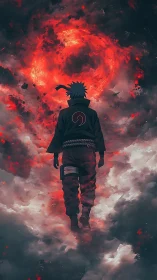 Stormlit ninja strides toward a blazing red celestial vortex