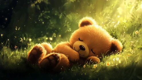 Sleeping teddy bear rendered in luminous forest digital art
