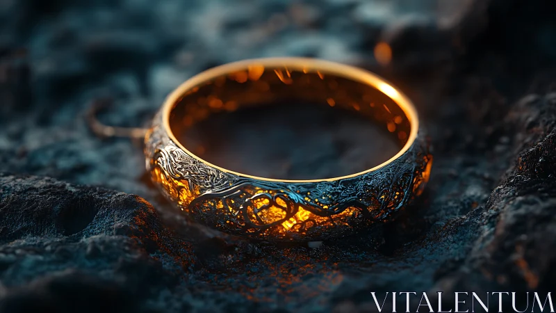 Golden enchanted ring glows warmly against dark stone